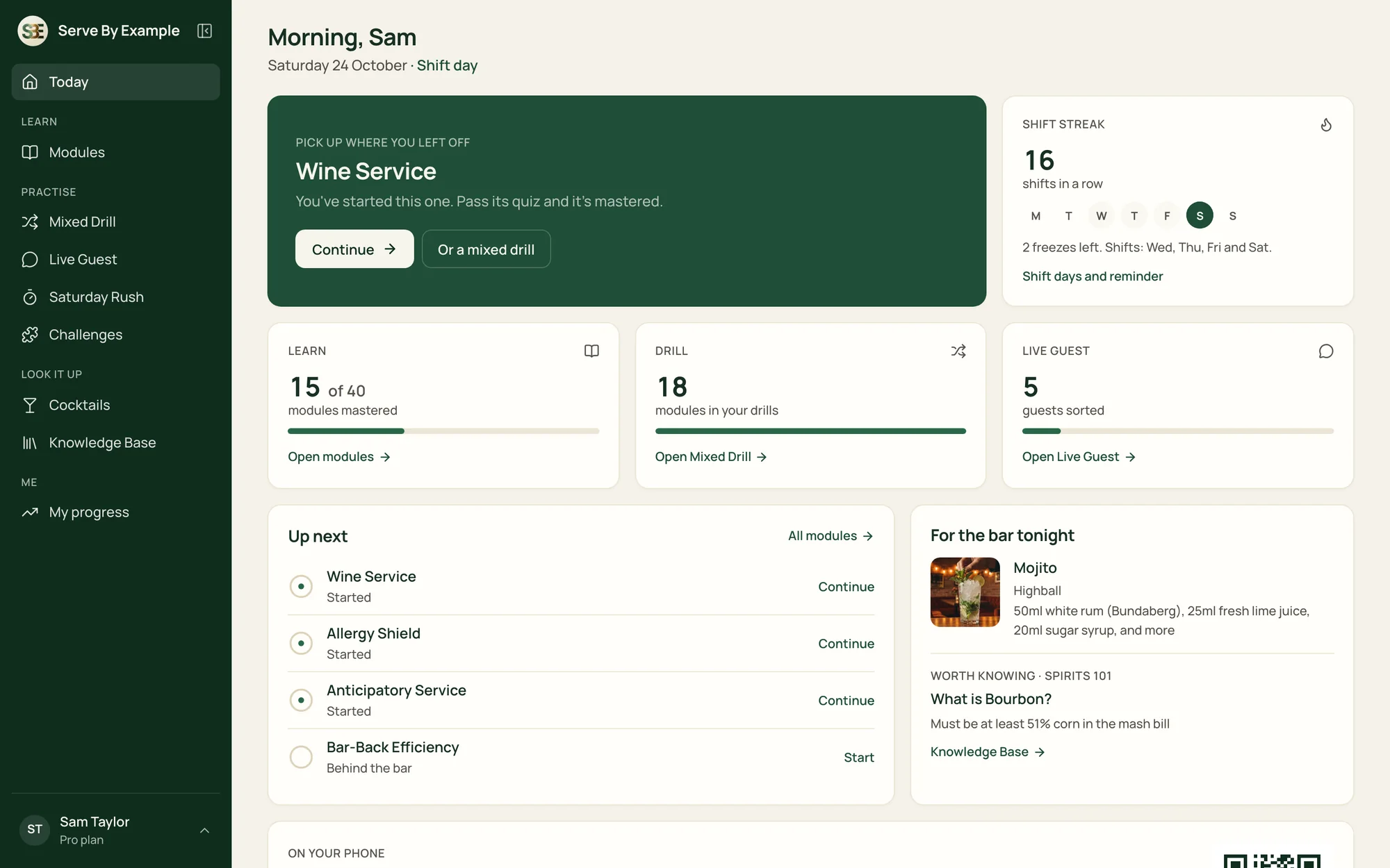 Staff desktop Today page: the next module to start, the shift streak, and a cocktail for tonight