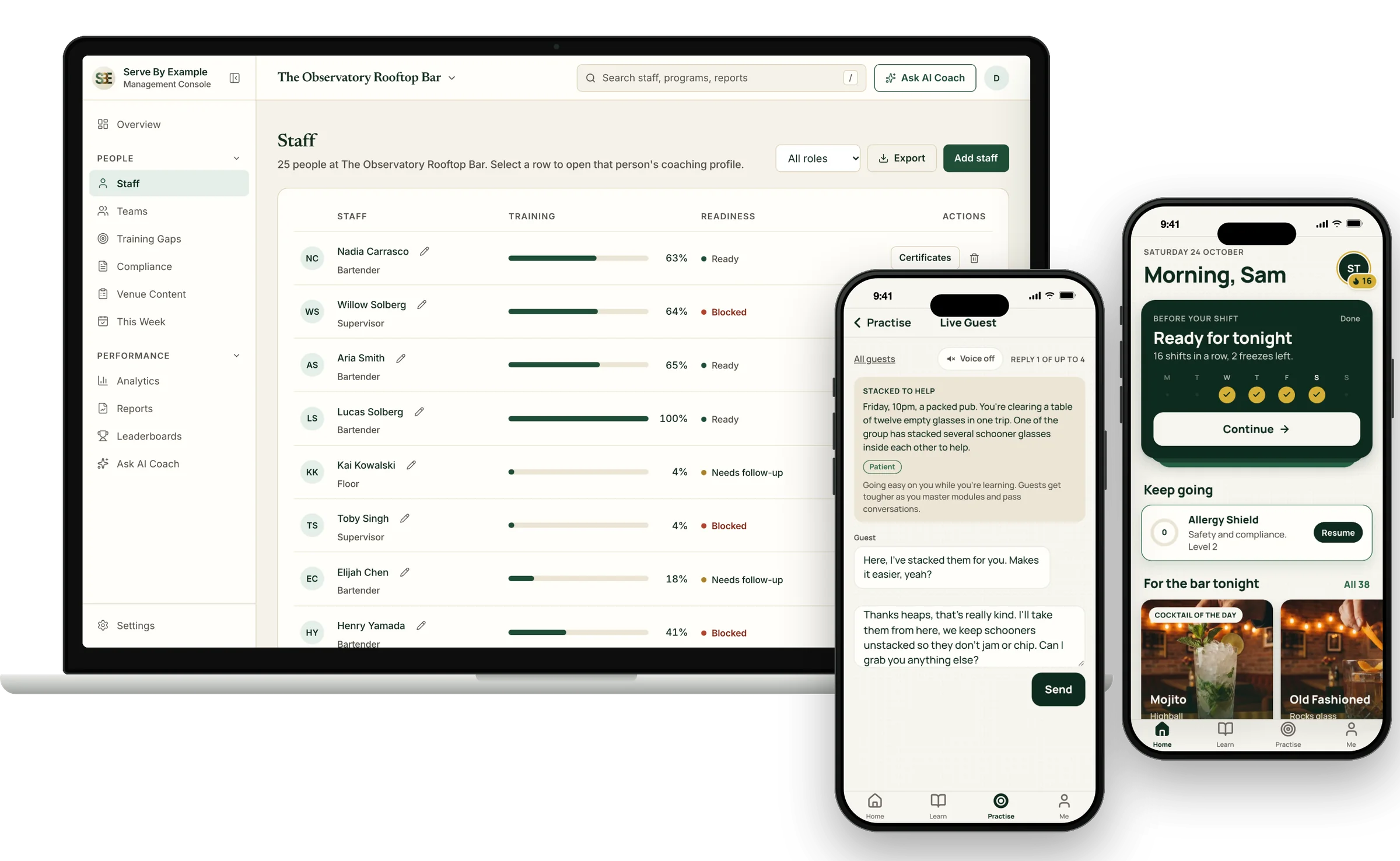 Serve By Example on a laptop and two phones: the manager's staff list with readiness, a Live Guest conversation, and the staff home screen