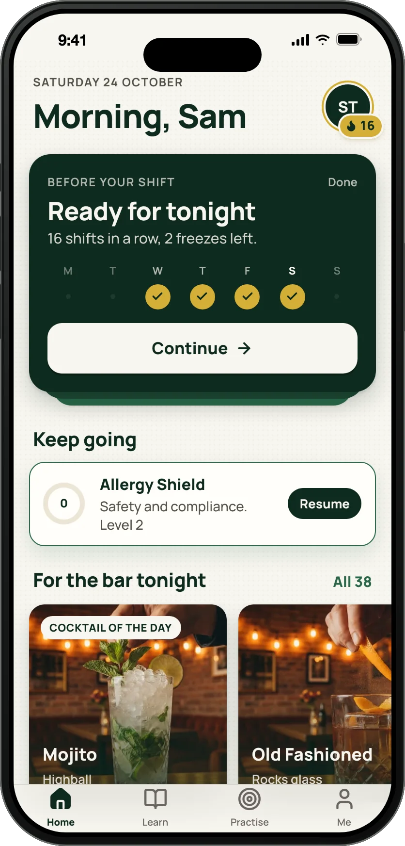 Serve By Example staff training app on mobile: home screen with the next module and the cocktail of the day